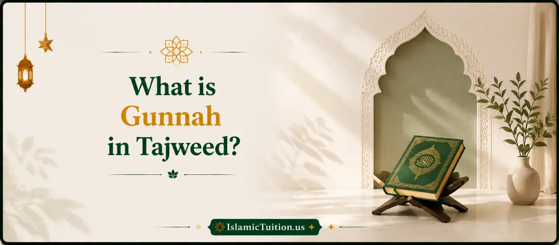 Elegant Islamic banner with soft neutral tones explaining Gunnah in Tajweed with Quran setup and minimal design for online Quran learning by IslamicTuition.us
