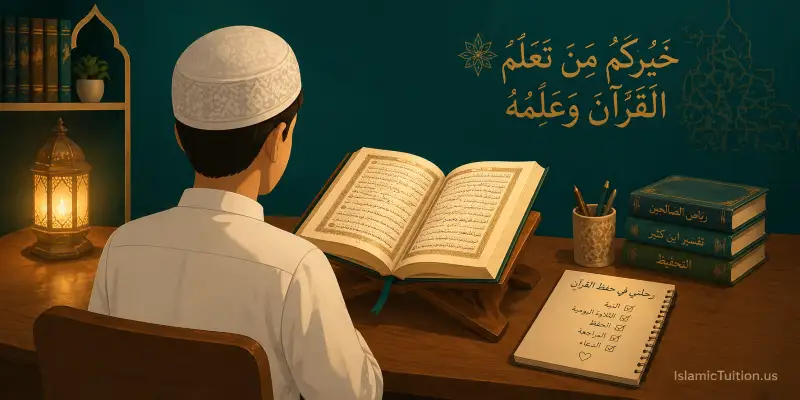 A student memorizing the Quran with a certified tutor at Islamic Tuition online academy