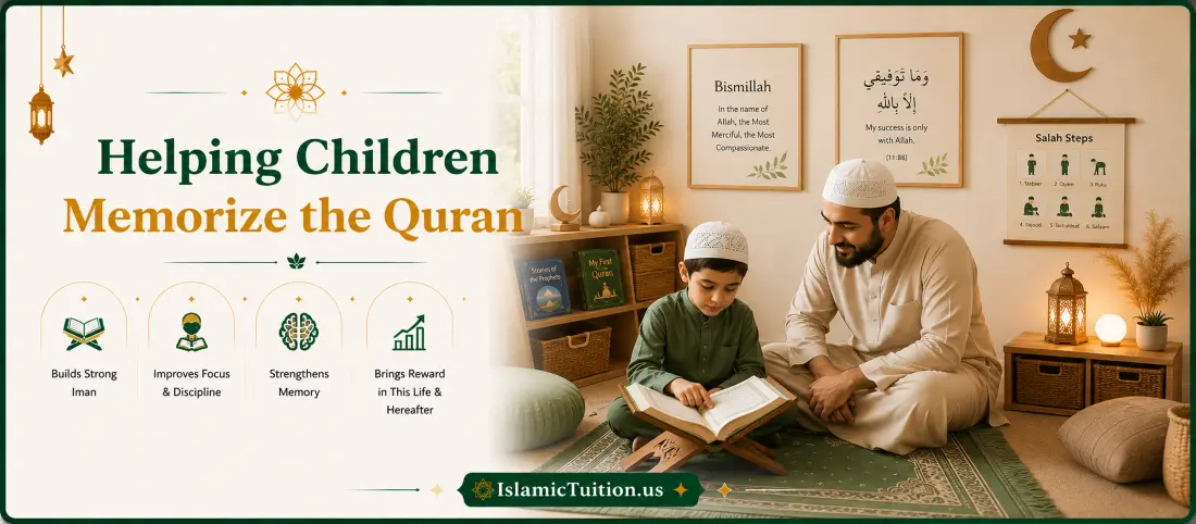 Muslim child revising Quran memorization at home with parent encouraging and listening - Islamic Tuition