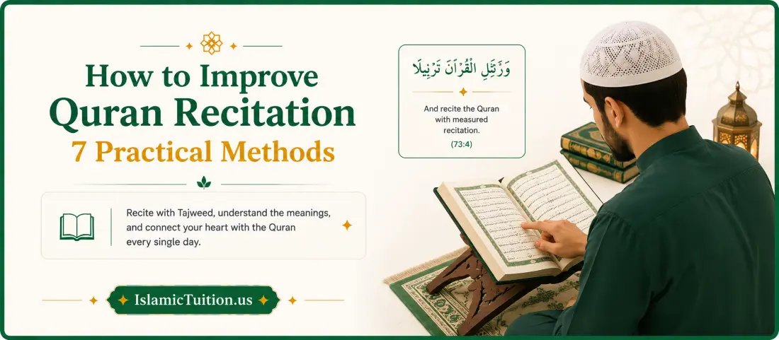 Student reading Quran carefully focusing on correct pronunciation and Tajweed rules | Islamic Tuition