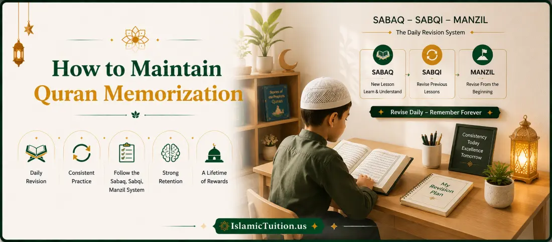 Student revising Quran memorization using Sabaq Sabqi Manzil daily revision system - Islamic Tuition