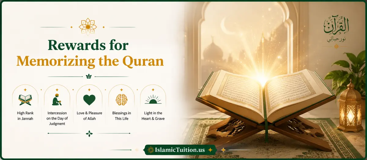 Open Quran with golden light representing the Islamic reward and benifits for memorizing the Quran - Islamic Tuition