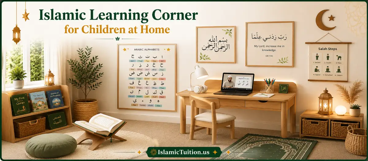 Child sitting at a small Islamic learning corner at home with Quran stand and Arabic alphabet chart | Islamic Tuition
